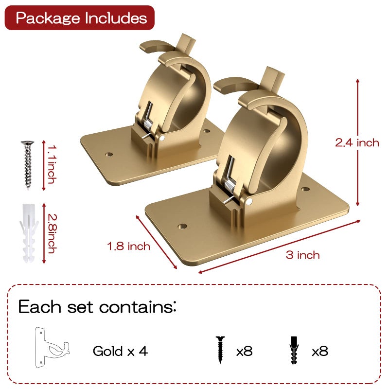 CIEMGNZOC 4PCS No Drill Curtain Rod Brackets  Self-Adhesive Curtain Rods No Drilling  Nail Free Adjustable Curtain Rod Holders  Curtain Hooks for Rod Less Than 1.57 Inch Diameter (Gold) - Image 4